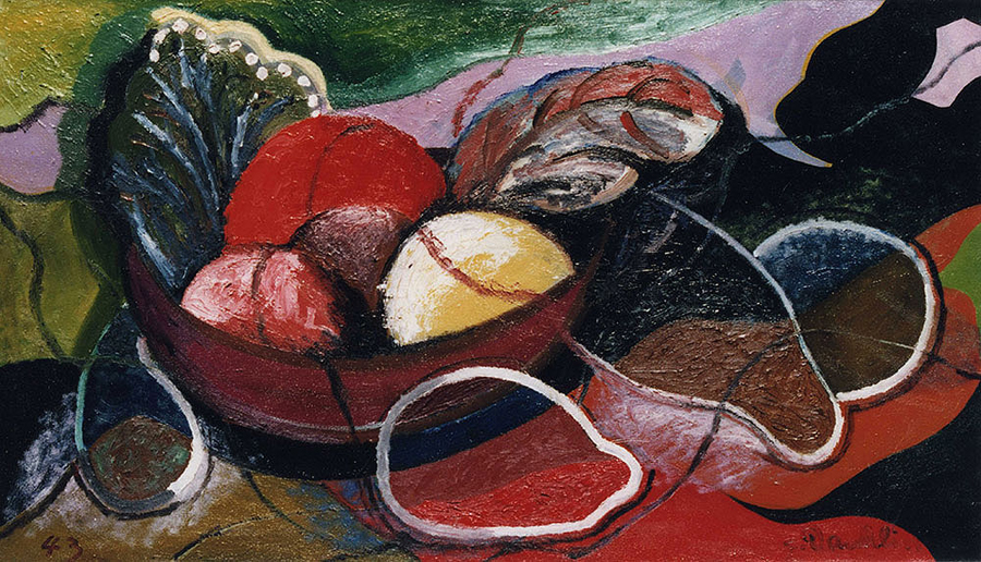 <strong>Fruits imaginaires</strong><BR>1943<BR>Huile sur toile<BR>Dimensions inconnues<BR>Photo : Photographe inconnu, épreuve à la gélatine argentique, source : Archives Charles et Louise Daudelin<BR><br><br>© Succession Charles Daudelin /COVA-DAAV