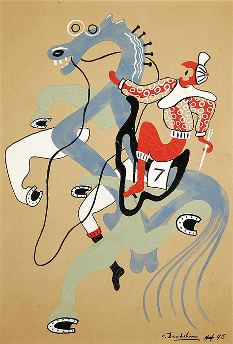 <strong><i>Jockey</i></strong><BR>1944<BR>Gouache et crayon sur carton<BR>45,4 x 30,5 cm<BR><i></i><BR><BR><br><h9 style='font-size:.8em'>Photo : gracieuseté Heffel<br>1/1</h9><BR><br><br><h9 style='font-size:.8em'>© Succession Charles Daudelin /COVA-DAAV