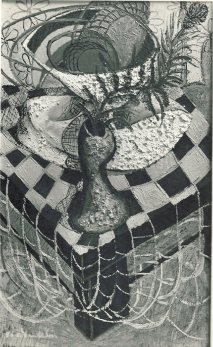 <strong><i>Sans titre (nature morte)</i></strong><BR>1945-1946<BR>huile sur toile<BR>dimensions inconnues<BR><i></i><BR><BR><br><h9 style='font-size:.8em'>Photo : Photographe inconnu, épreuve à la gélatine argentique, source: Charles et Louise Daudelin<br>1/1</h9><BR><br><br><h9 style='font-size:.8em'>© Succession Charles Daudelin /COVA-DAAV