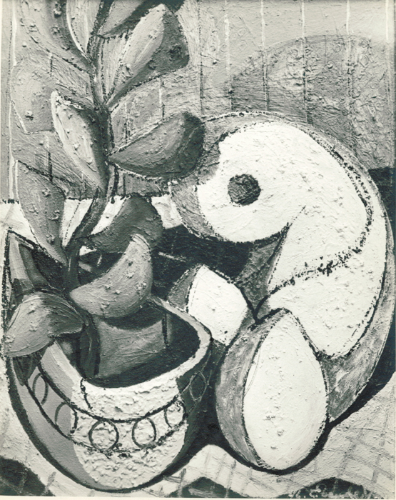 <strong><i>Sans titre (nature morte)</i></strong><BR>1946<BR>huile sur toile<BR>dimensions inconnues<BR><i></i><BR><BR><br><h9 style='font-size:.8em'>Photo : Photographe inconnu, épreuve à la gélatine argentique, source: Archives Charles et Louise Daudelin<br>1/1</h9><BR><br><br><h9 style='font-size:.8em'>© Succession Charles Daudelin /COVA-DAAV