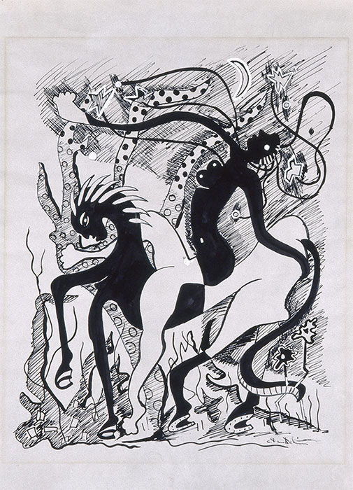 <strong><i>Sans titre (« La belle au bel amour dormant »)</i></strong><BR>1946<BR>Encre et gouache sur traces de mine de plomb et feutre sur papier<BR>56 cm x 43,2 cm<BR><i></i><BR><BR><br><h9 style='font-size:.8em'>Photo : MNBAQ<br>1/1</h9><BR><br><br><h9 style='font-size:.8em'>© Succession Charles Daudelin /COVA-DAAV