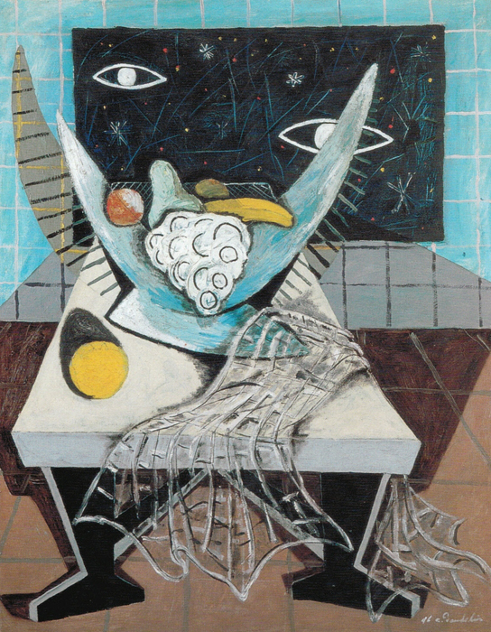 <strong><i>Vase cornu</i></strong><BR>1946<BR>huile sur toile<BR>96 x 76 cm<BR><i></i><BR><BR><br><h9 style='font-size:.8em'>Photo : MNBAQ: Patrick Altman<br>1/1</h9><BR><br><br><h9 style='font-size:.8em'>© Succession Charles Daudelin /COVA-DAAV