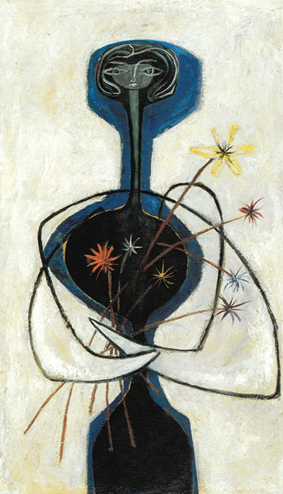 <strong><i>Femme aux fleurs</i></strong><BR>1958<BR>Huile sur panneau de fibre de bois<BR>122 x 72 cm<BR><i></i><BR><BR><br><h9 style='font-size:.8em'>Photo : Musée national des beaux-arts du Québec : Jean-Guy Kérouac <br>1/1</h9><BR><br><br><h9 style='font-size:.8em'>© Succession Charles Daudelin /COVA-DAAV