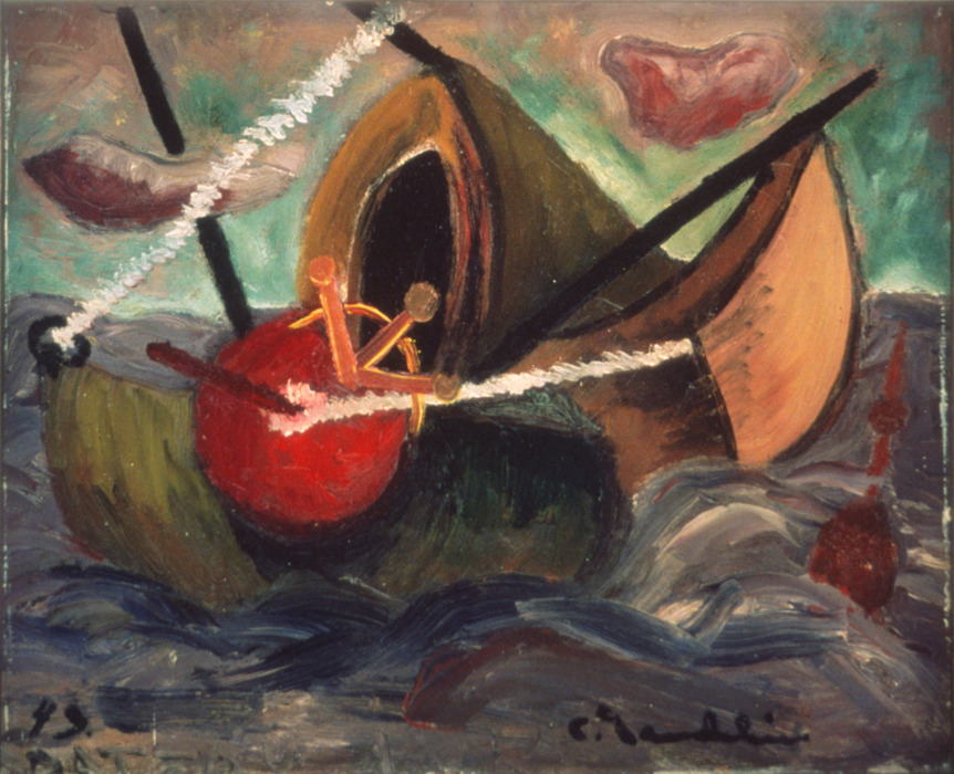 <strong>Bateau ivre</strong><BR>1943<BR>Huile sur contreplaqué<BR>37,5 x 45,5 cm<BR>Photo : MACM<BR><br><br>© Succession Charles Daudelin /COVA-DAAV