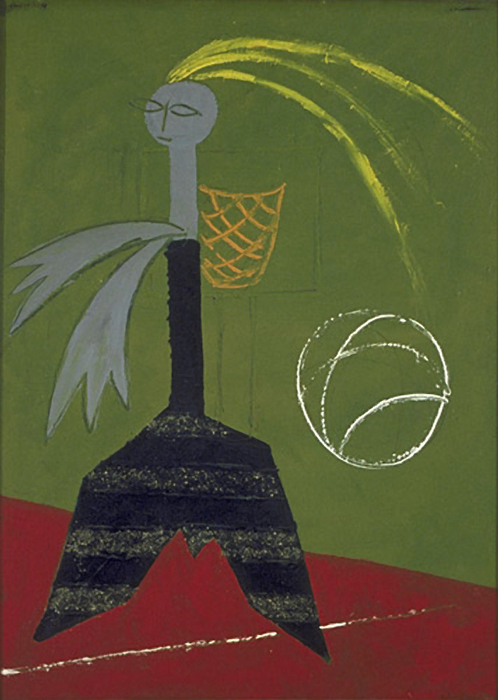 <strong>Le joueur de basket-ball</strong><BR>1948<BR>Huile et sable sur toile<BR>90,5 x 65,5 cm<BR>Photo : Richard-Max Tremblay<BR><br><br>© Succession Charles Daudelin /COVA-DAAV