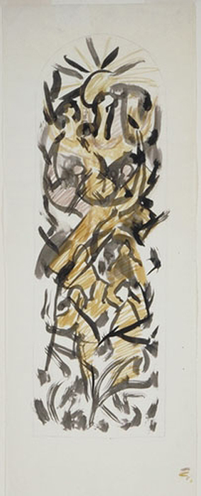 <strong>Dessin préparatoire pour le retable de la chapelle du Sacré-Coeur</strong><BR>1980<BR>encre noire et de couleur<BR>82,6 x 32 cm<BR>Photo : Musée des beaux-arts de Montréal : Christine Guest<BR><br><br>© Succession Charles Daudelin /COVA-DAAV