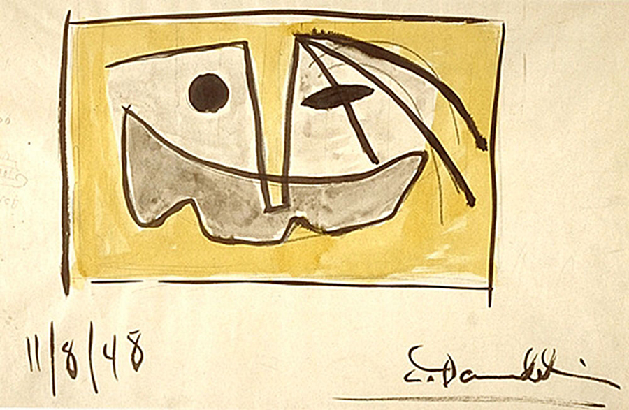 <strong>Étude de rideau de scène du Théâtre des marionnettes</strong><BR>1948<BR>Encre, aquarelle et mine de plomb sur papier<BR>30,5 x 45,5 cm<BR>Photo : Musée national des beaux-arts du Québec : Jean-Guy Kérouac<BR><br><br>© Succession Charles Daudelin /SODRAC