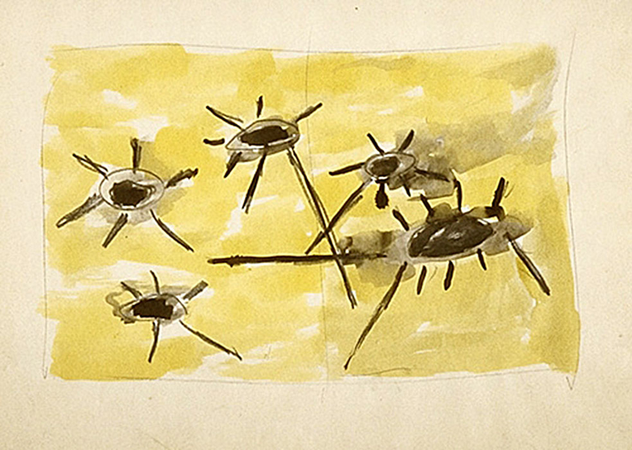 <strong>Étude de rideau de scène du Théâtre des marionnettes</strong><BR>1948<BR>Encre, aquarelle et mine de plomb sur papier<BR>30,5 x 45,5 cm<BR>Photo : Musée national des beaux-arts du Québec : Jean-Guy Kérouac<BR><br><br>© Succession Charles Daudelin /COVA-DAAV
