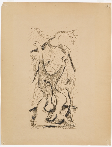 <strong>Habitants des îles</strong><BR>1946<BR>Encre et graphite sur papier brun<BR>56 x 43 cm<BR>Photo : Musée national des beaux-arts du Québec : Jean-Guy Kérouac<BR><br><br>© Succession Charles Daudelin /COVA-DAAV