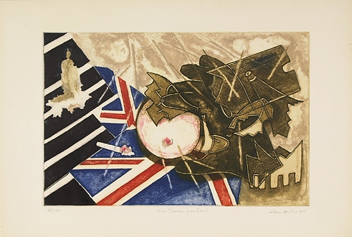 <strong>La Guerre, Yes Sir !</strong><BR>1975<BR>Eau-forte<BR>38 x 56,7 cm<BR>Photo : Musée des maîtres et artisans du Québec<BR><br><br>© Succession Charles Daudelin /COVA-DAAV