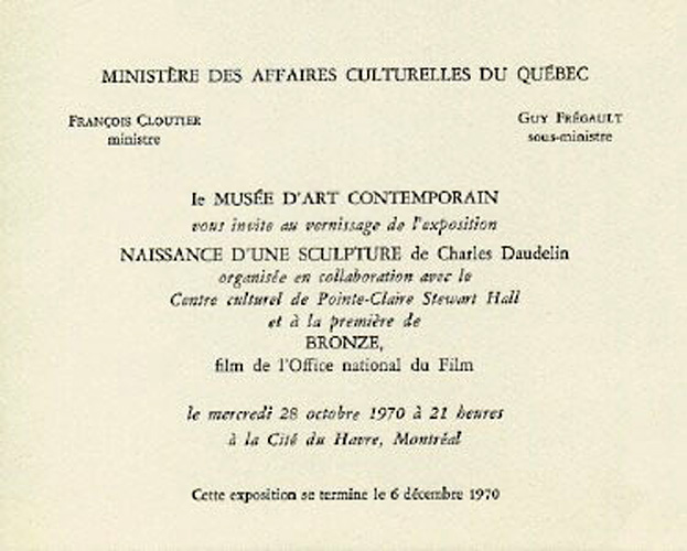 <strong>Carton d'invitation du Musée d'art contemporain</strong><BR>1970<BR><BR><BR>Photo : Photographe inconnu<BR><br><br>© Succession Charles Daudelin /COVA-DAAV