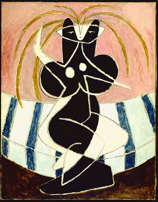 <strong><i>Femme assise</i></strong><BR>1948<BR>Huile sur toile<BR>91,5 x 71,5 cm<BR><i></i><BR><BR><br><h9 style='font-size:.8em'>Photo : Musée national des beaux-arts du Québec<br>1/1</h9><BR><br><br><h9 style='font-size:.8em'>© Succession Charles Daudelin /SODRAC