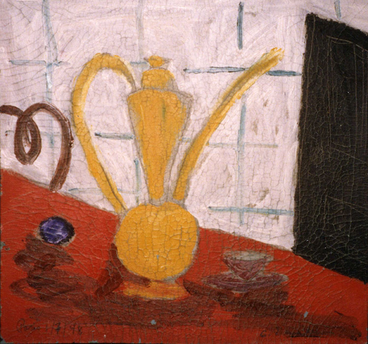 <strong>La cafetière</strong><BR>1948<BR>Huile sur toile<BR>43,5 x 48,3 cm<BR>Photo : photographe inconnu, épreuve à la gélatine argentique, source : Archives Charles et Louise Daudelin<BR><br><br>© Succession Charles Daudelin /SODRAC