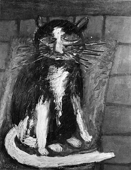 <strong>Le chat</strong><BR>1948<BR>Huile sur toile<BR>65 x 50 cm<BR>Photo : photographe inconnu, épreuve à la gélatine argentique, source : Archives Charles et Louise Daudelin<BR><br><br>© Succession Charles Daudelin /SODRAC