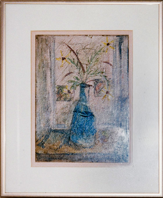 <strong><i>Le pot bleu</i></strong><BR>1947<BR>Huile sur carton<BR>21,5 x 16 cm<BR><i></i><BR><BR><br><h9 style='font-size:.8em'>Photo : Musée national des beaux-arts du Québec<br>1/1</h9><BR><br><br><h9 style='font-size:.8em'>© Succession Charles Daudelin /COVA-DAAV