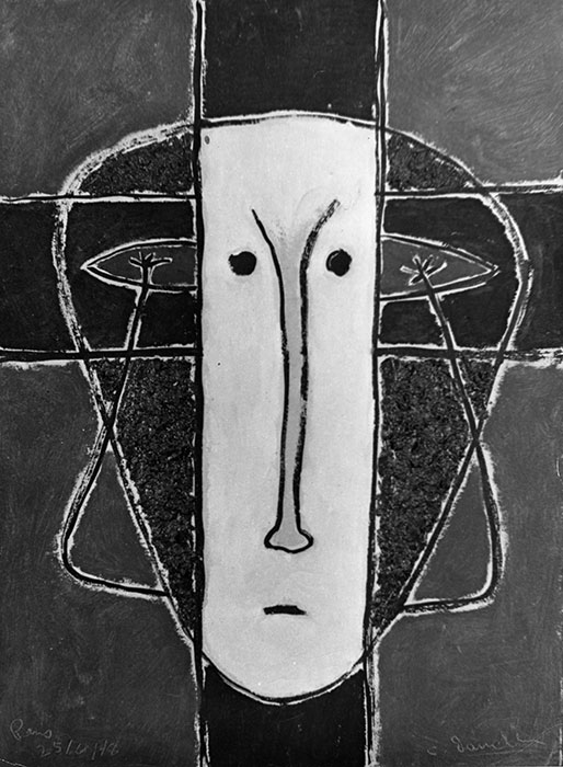 <strong>Le vitrail</strong><BR>1948<BR>Huile sur toile<BR>57,1 x 42 cm<BR>Photo : photographe inconnu, épreuve à la gélatine argentique, source : Archives Charles et Louise Daudelin<BR><br><br>© Succession Charles Daudelin /SODRAC