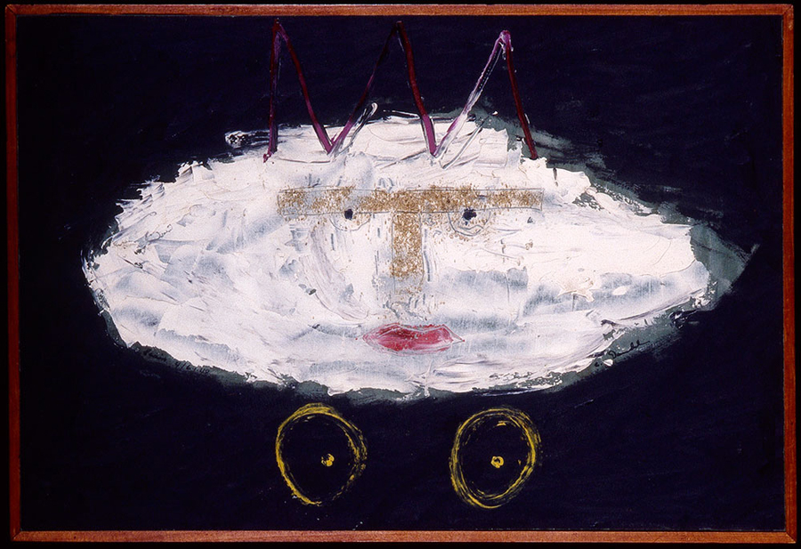 <strong>Tête sur fond noir</strong><BR>1948<BR>Huile sur panneau d'aggloméré<BR>27 x 40,1 cm<BR>Photo : Musée national des beaux-arts du Québec<BR><br><br>© Succession Charles Daudelin /SODRAC