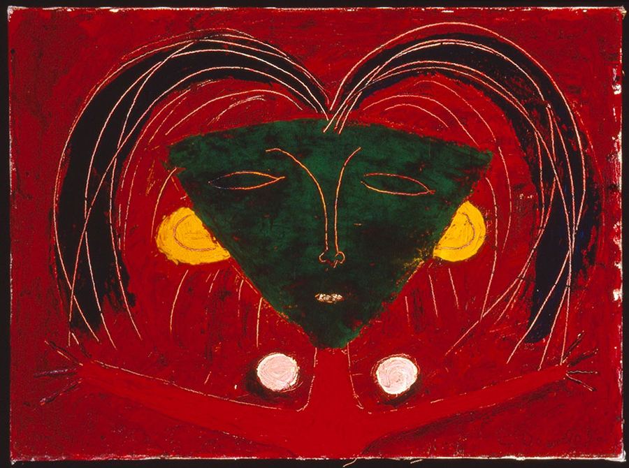 <strong>Tête sur fond rouge</strong><BR>1948<BR>Huile sur toile<BR>42,2 x 57,5 cm<BR>Photo : Musée national des beaux-arts du Québec<BR><br><br>© Succession Charles Daudelin /SODRAC